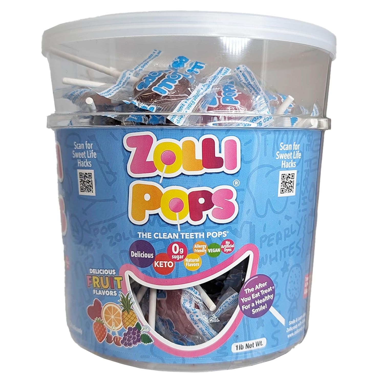 Zollipops Clean Teeth Pops, Anti Cavity Lollipops, Delicious Assorted Flavors, 1 LB Tub