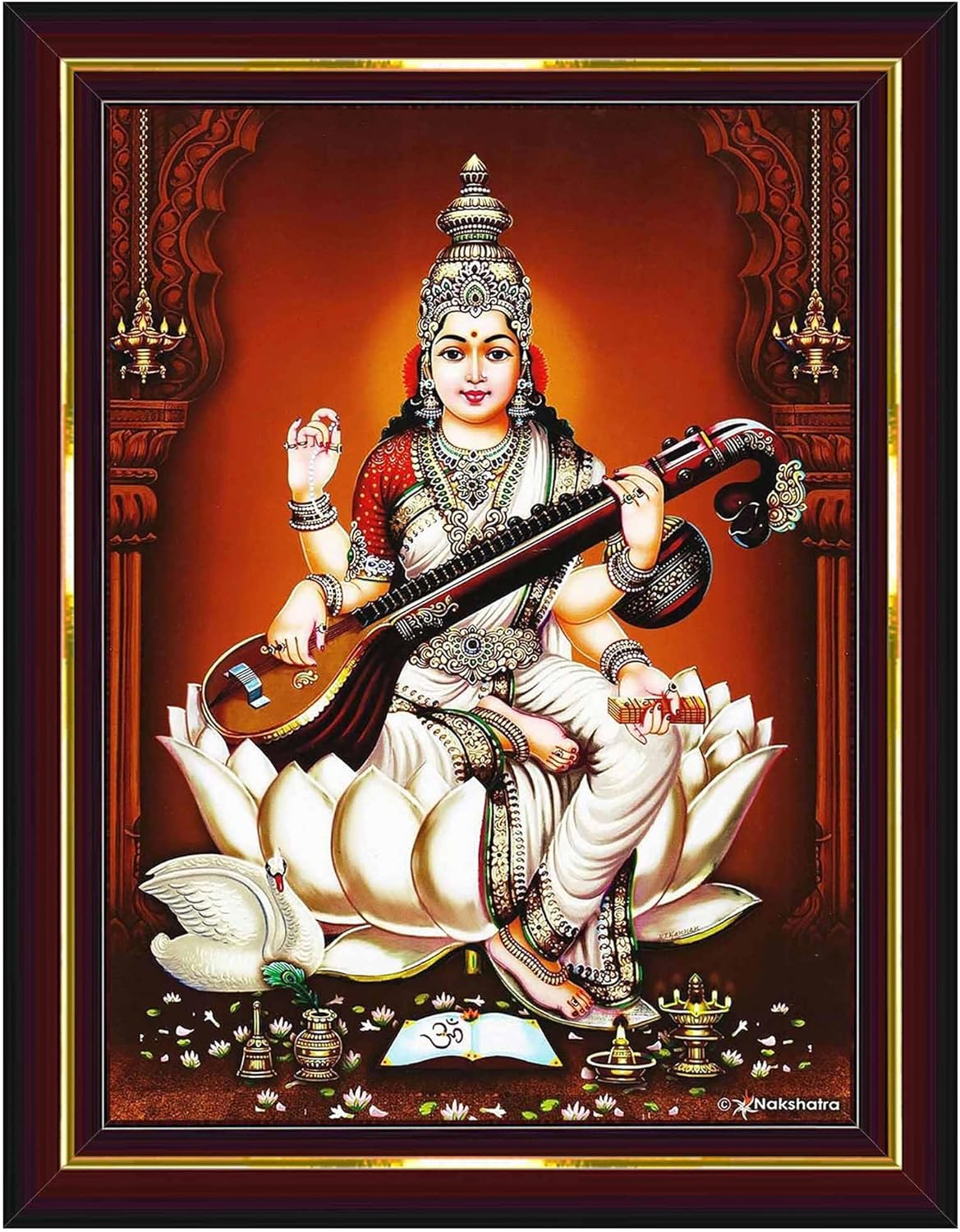 Pavan Photo Laminations Saraswati Devi Goddess Saraswathi Maa Wall Painting Framed Home Decor (Wood,Matte,Brown,Small Size,6 x 8 Inch) B710S