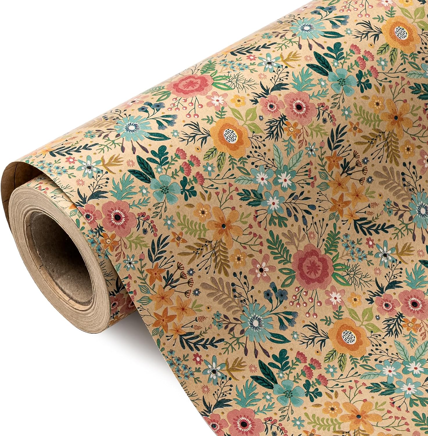 WRAPAHOLIC Kraft Floral Wrapping Paper Roll - Mini Roll - 17 Inch x 9.8 Feet - Spring Summer Garden Flower Design Perfect for Wedding, Bridal Shower, Birthday