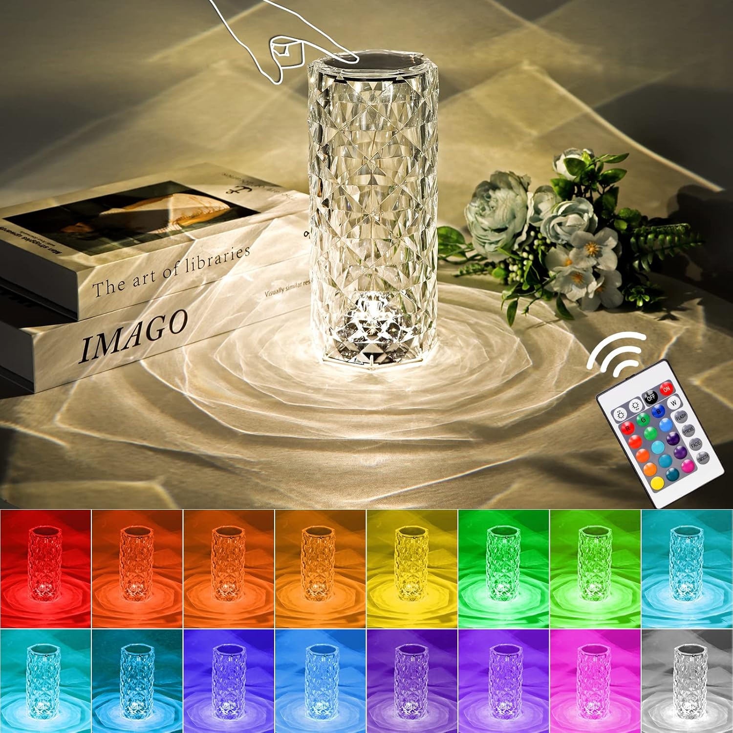 Crystal Lamp,Touch Control Crystal table Lamp,Crystal Rose Lamp with 16 Colors,RGB Night Light with USB & Remote Control,LED Rose Diamond Touch Lamp for Bedroom, Rechargeable Rose Light, Birthday Gift