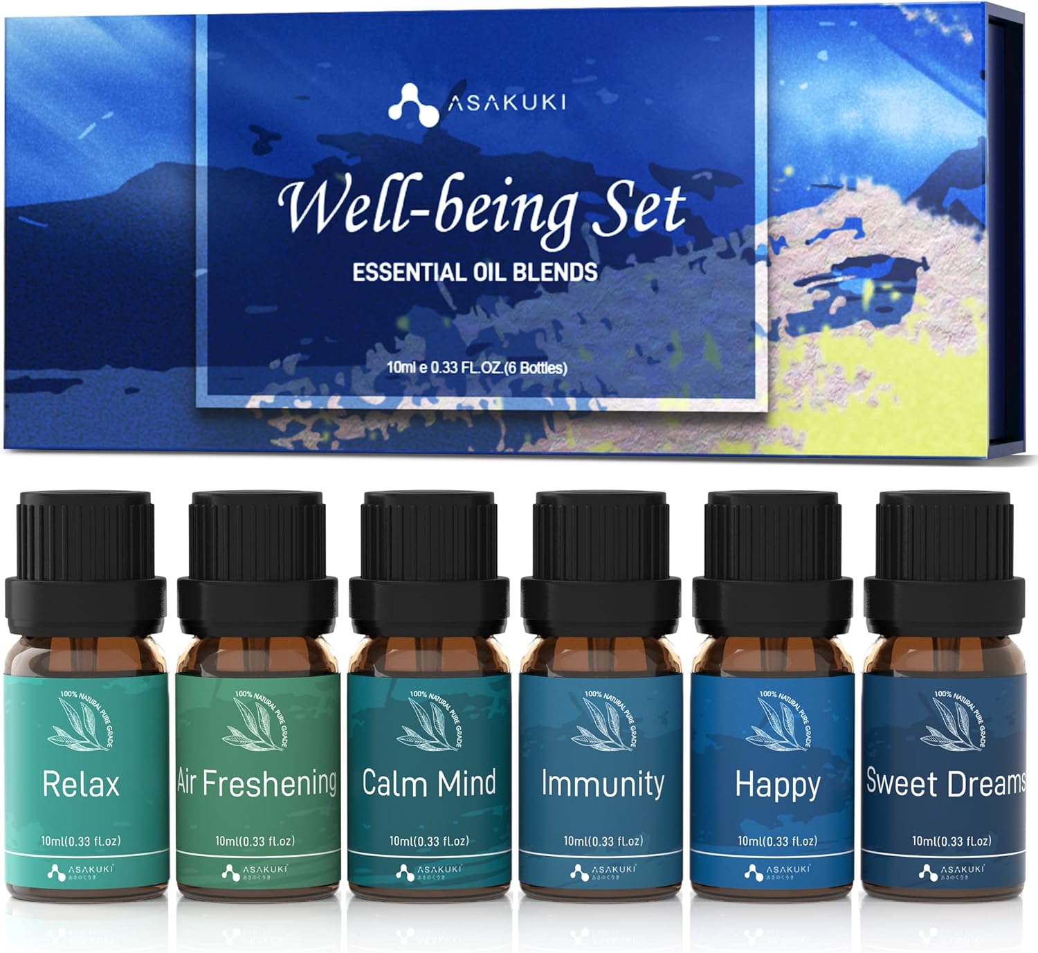 ASAKUKI Essential Oil Blends Gift Set | 6x10ml Well-Being Oils for Diffusers, Relaxation & Sleep | Calm Mind, Sweet Dreams, Happy, Relax, Air Freshening & Immunity | Aromatherapy Kit for Home Use