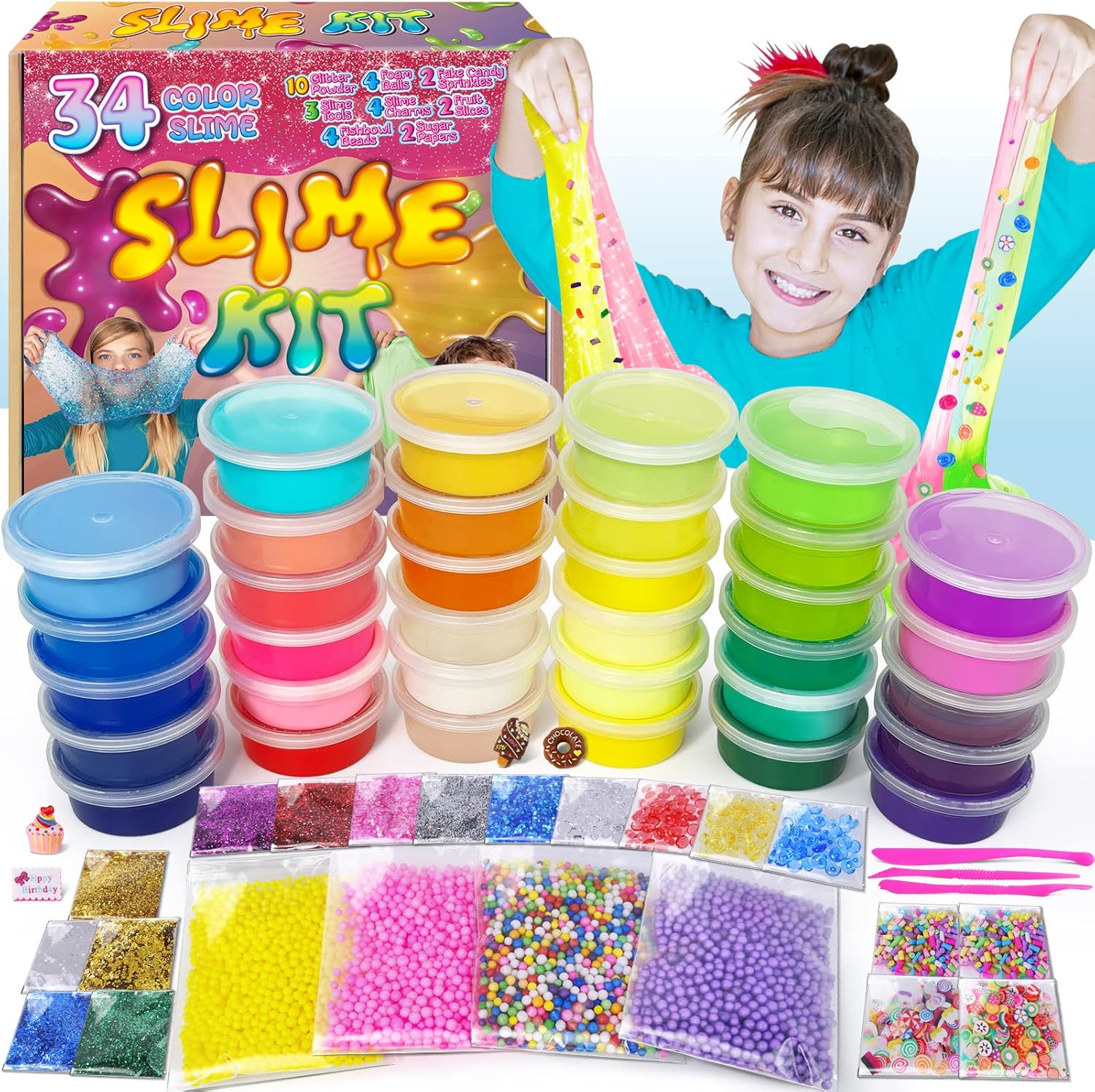 ESSENSON 34 Cup Slime Kit for Girls & Boys, DIY Butter & Crystal Slime Making Kit, Party Favors Gift for 6-10+ Year Olds