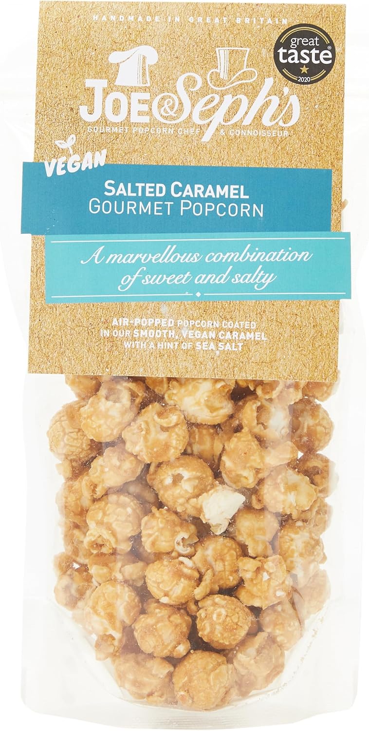 Joe & Seph's Vegan Salted Caramel Popcorn (1x80g), gourmet popcorn, air-popped popcorn, chocolate snack, sweet popcorn, movie night snacks, popcorn for a party, sweet popcorn