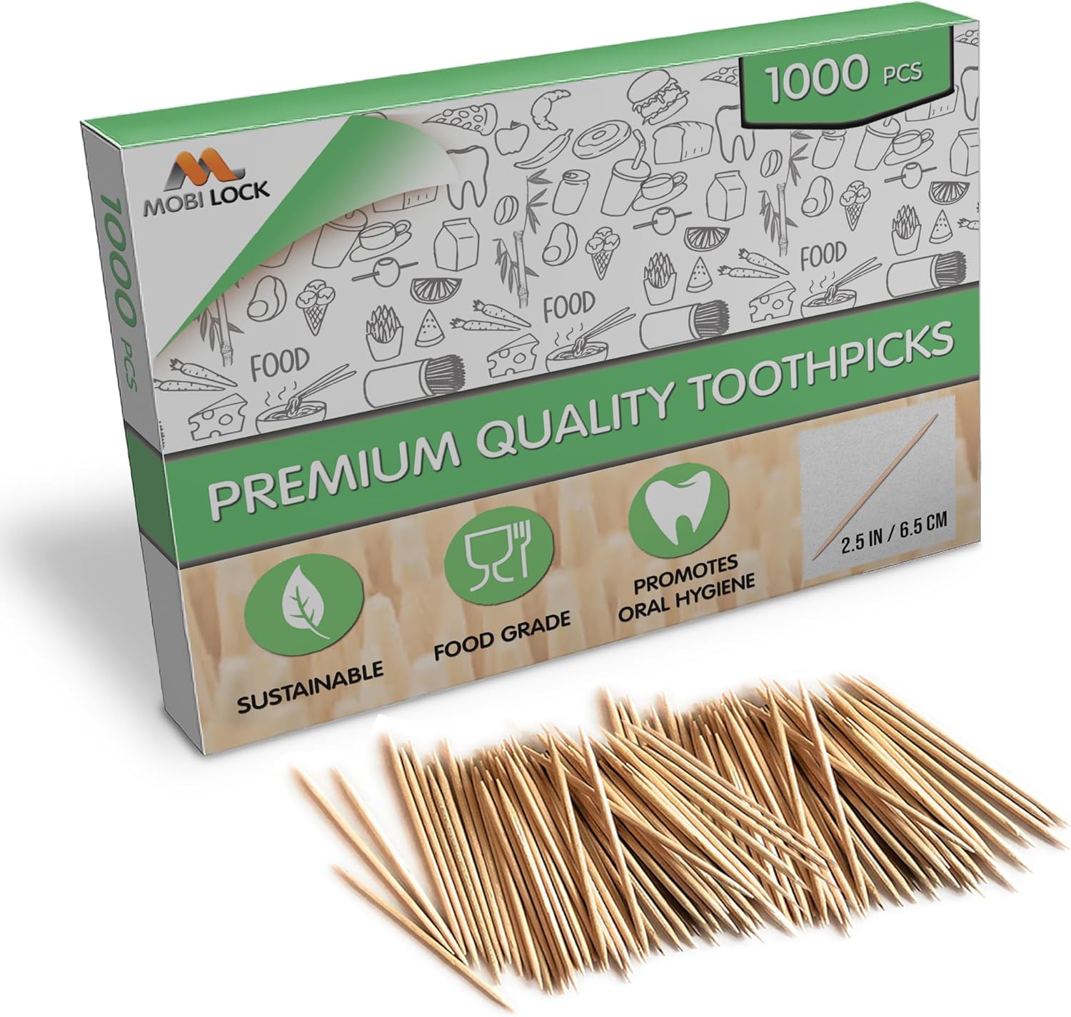 1000 Pcs Bamboo Toothpicks - Double Pointed Wooden Toothpicks - for Personal Hygiene, Appetizer Skewers, Cocktail Sticks, Toothpick or Arts & Crafts - by Mobi Lock