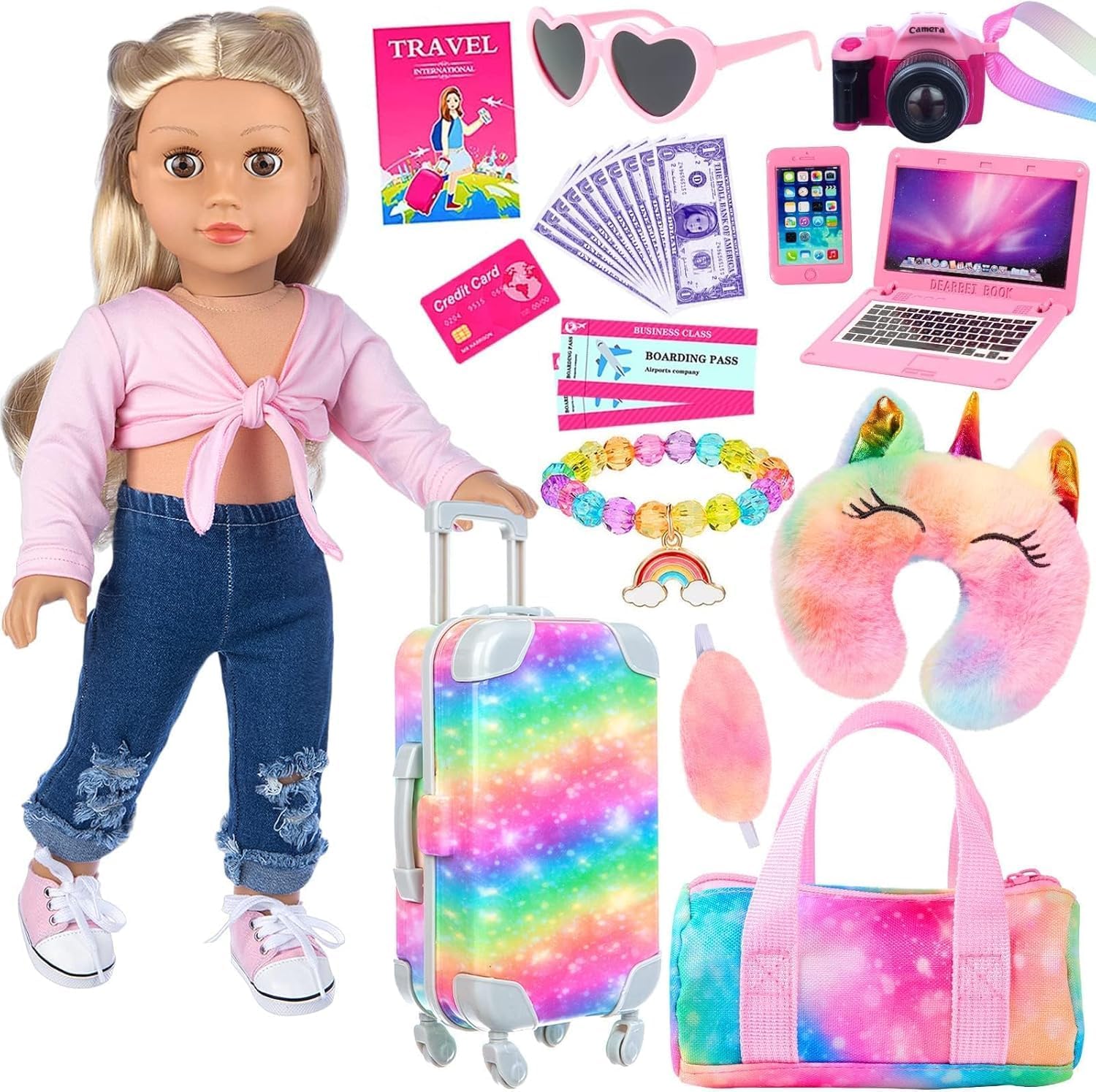 ZITA ELEMENT 23 PC 18 inch Doll Accessories Suitcase Rainbow Travel Set,Suitcase, Bag, Camera, Computer, Cell Phone, Neck Pillow, Eye Mask etc Gift for Birthday & Christmas (Doll not included)