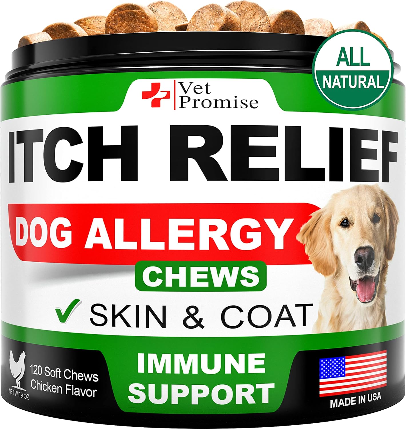 Vet Promise Dog Allergy Chews - Itch Relief for Dogs - Dog Allergy Relief - Anti Itch for Dogs - Dog Itchy Skin - Dog Allergy Support - Hot Spots - Immune Health Supplement - Made in USA - 120 Treats