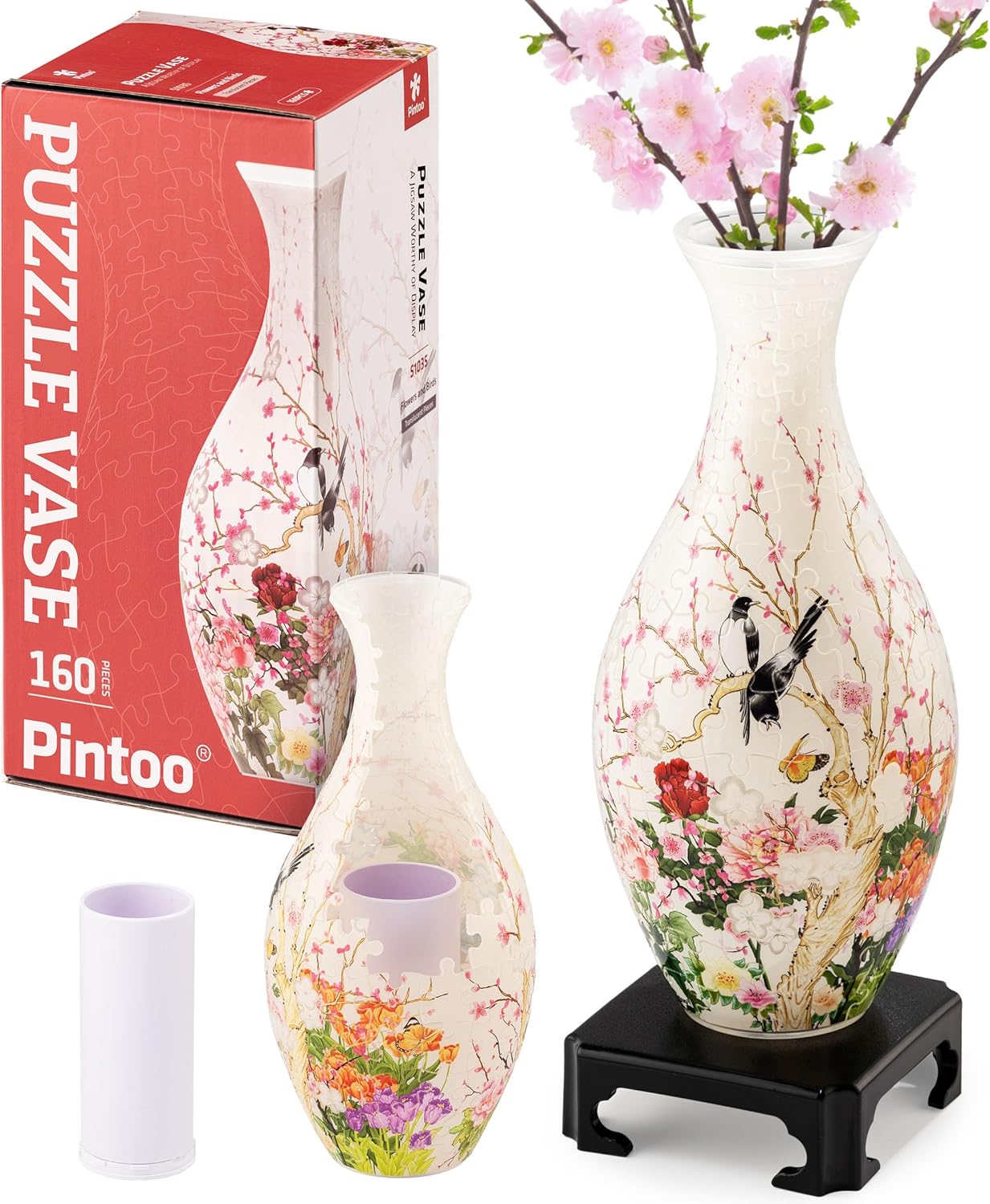 Pintoo 3D Puzzle Vase Unique Flower Vase Made by 160 Curved Plastic Puzzle Pieces House Warming Gift for Flower Arrangements and Home Decoration - [S1035] (Translucent, Flowers and Birds)