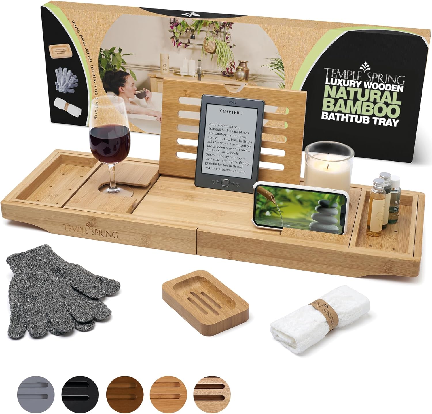 Temple Spring Wooden Bath Tray, Bath Shelf Bathroom Accessory, Home Spa Boards for Adults, Bathtub Caddy, Bamboo Bathroom Accessories Set, Extendable Bathtub Rack with iPad & Phone Holder - Natural