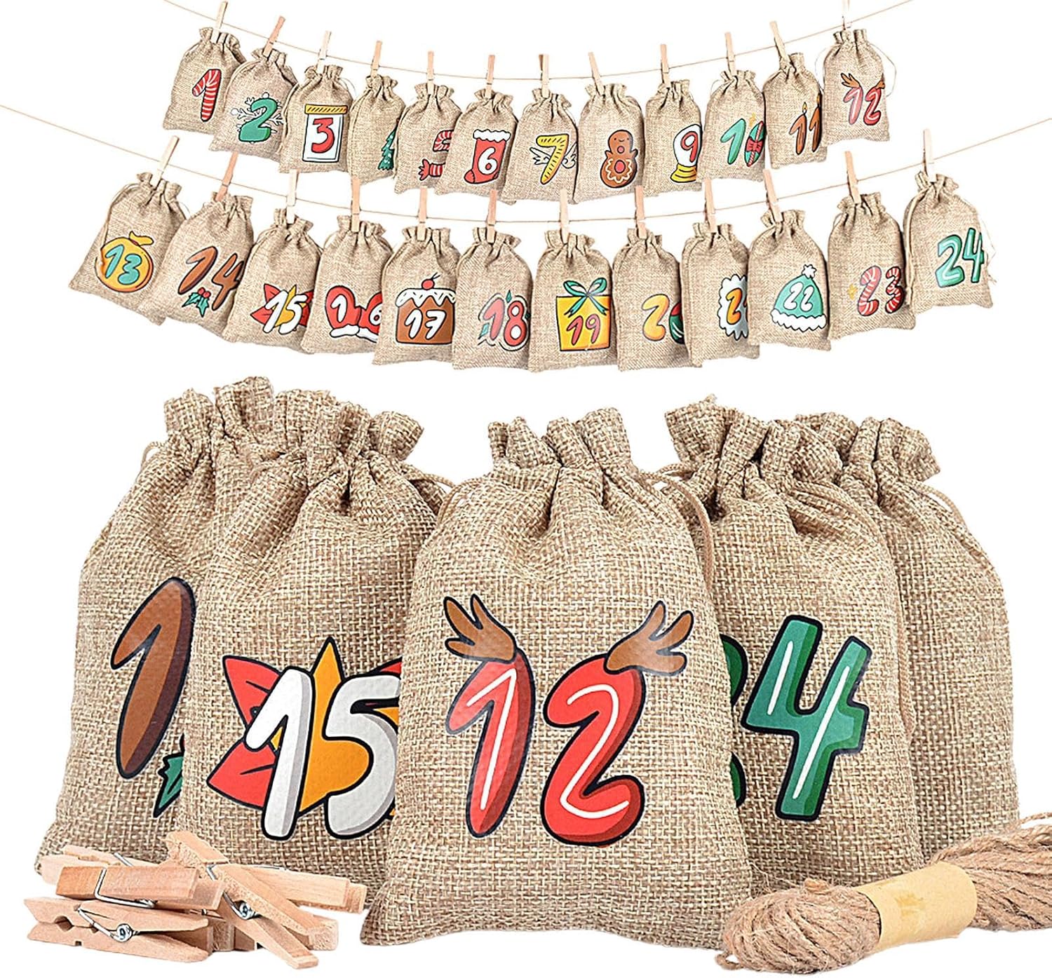 Christmas Advent Calendar Bags 2024, Empty Advent Calendar To Fill Yourself, 24 Days Reusable Burlap Christmas Drawstring Candy Bags, Make Your Own Advent Calendar For Snack Cookies Goodies