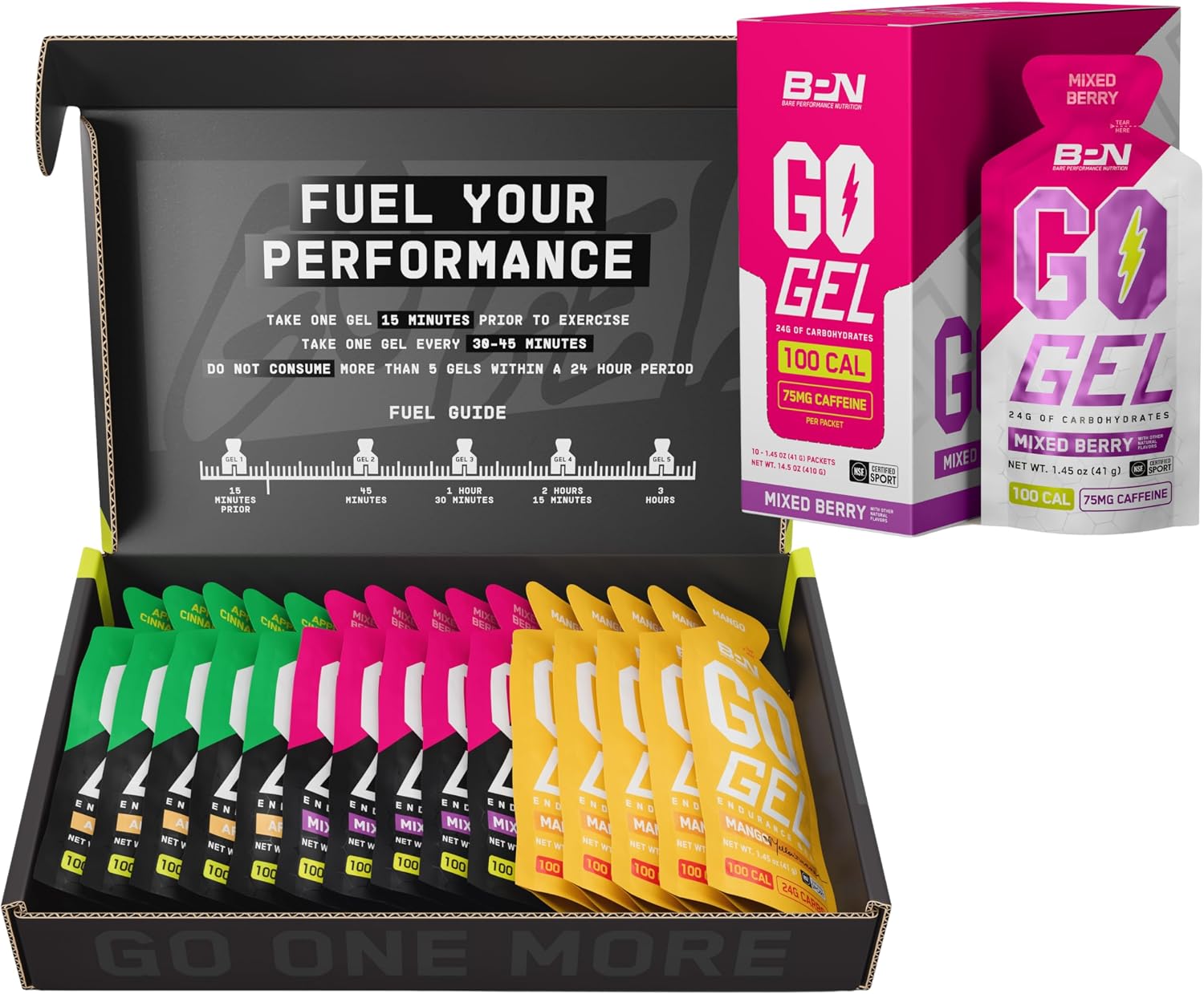 BARE PERFORMANCE NUTRITION BPN Go Gel Endurance – Mixed Berry Caffeinated 10 Single-Serving Packs + Non-Caffeinated Variety 15 Pack (Apple Cinnamon, Mango, Mixed Berry) | 24g Carbs + 100 Calories, Veg