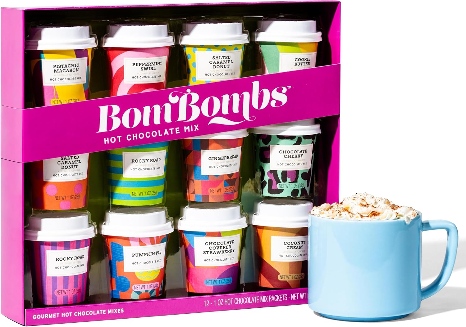 BomBombs, Hot Chocolate Mix Gift Set with Mini Cup Packaging, Dessert Flavours Include Rocky Road, Cookies Butter, Pumpkin Pie & More, Set of 12