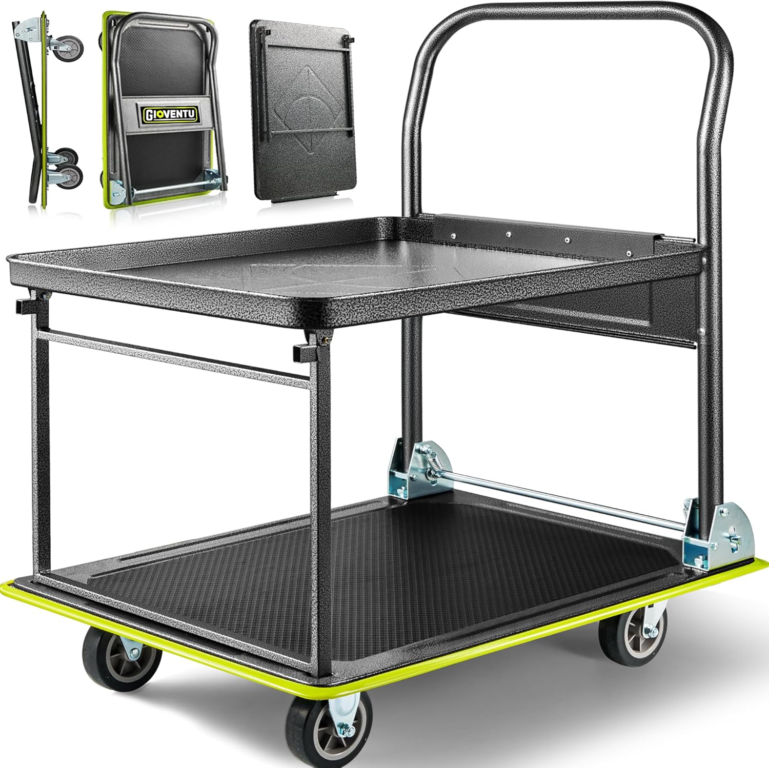 Heavy Duty Push Cart Dolly (700 lbs), Foldable Platform Hand Truck Made with High-Strength Steel, 2 Tier Design, Moving Flatbed Cart with Wheels for Warehouse, Garage, Workshop, Office
