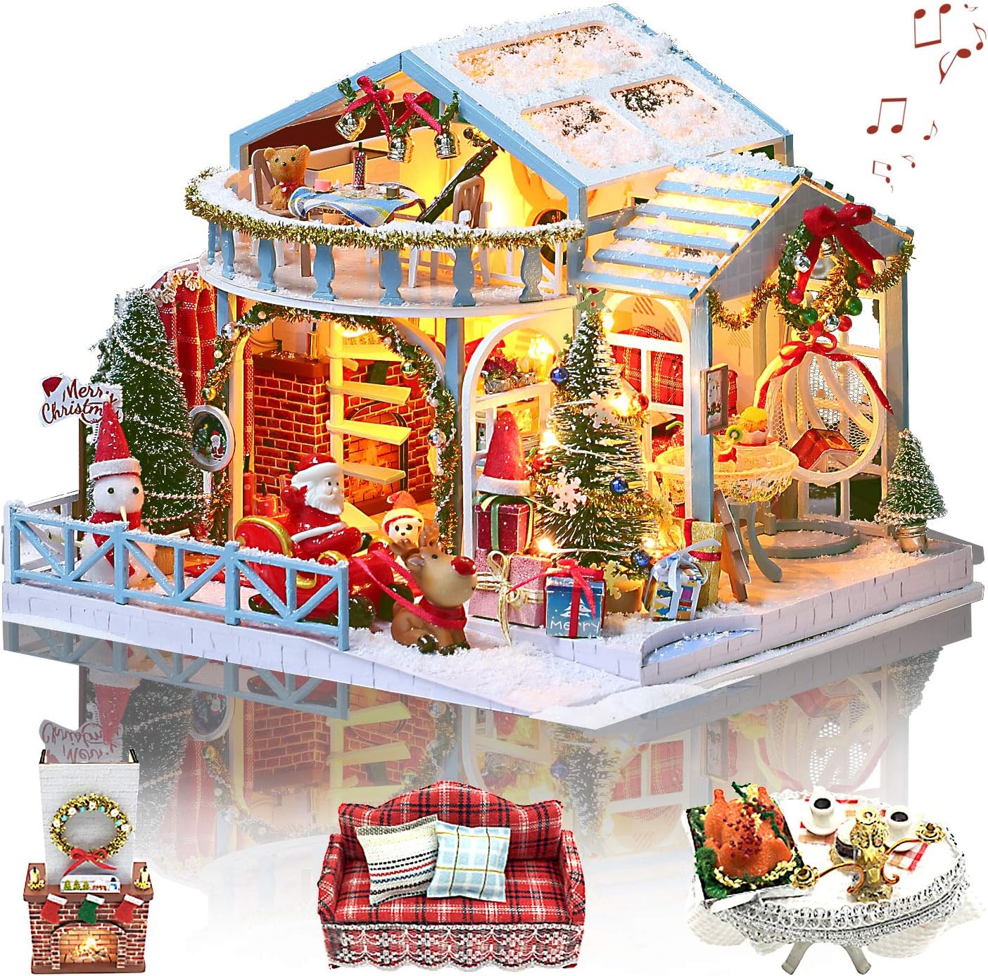 GuDoQi DIY Miniature House Kit with Music, Wooden Dollhouse with LED Light, Mini House Model to Build for Adults, Great Handmade Crafts Gift Idea for Christmas