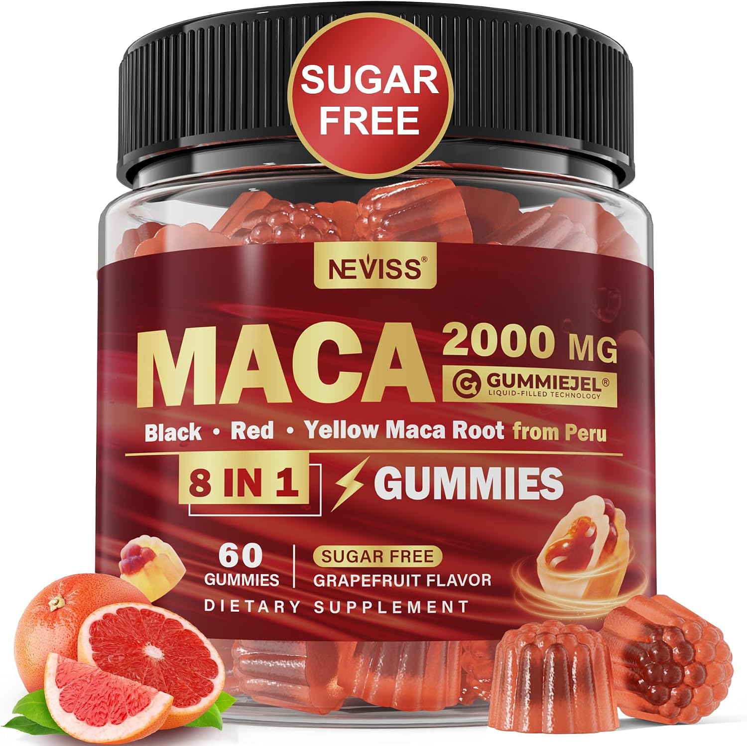 Maca Root Filled Gummies 2000mg for Women Men | Sugar Free | Organic Black, Red, Yellow Maca Root Supplement Gummy Chews with Ashwagandha Ginseng & Zinc | Vegan, Non-GMO, Grapefruit Flavor, 60 Count