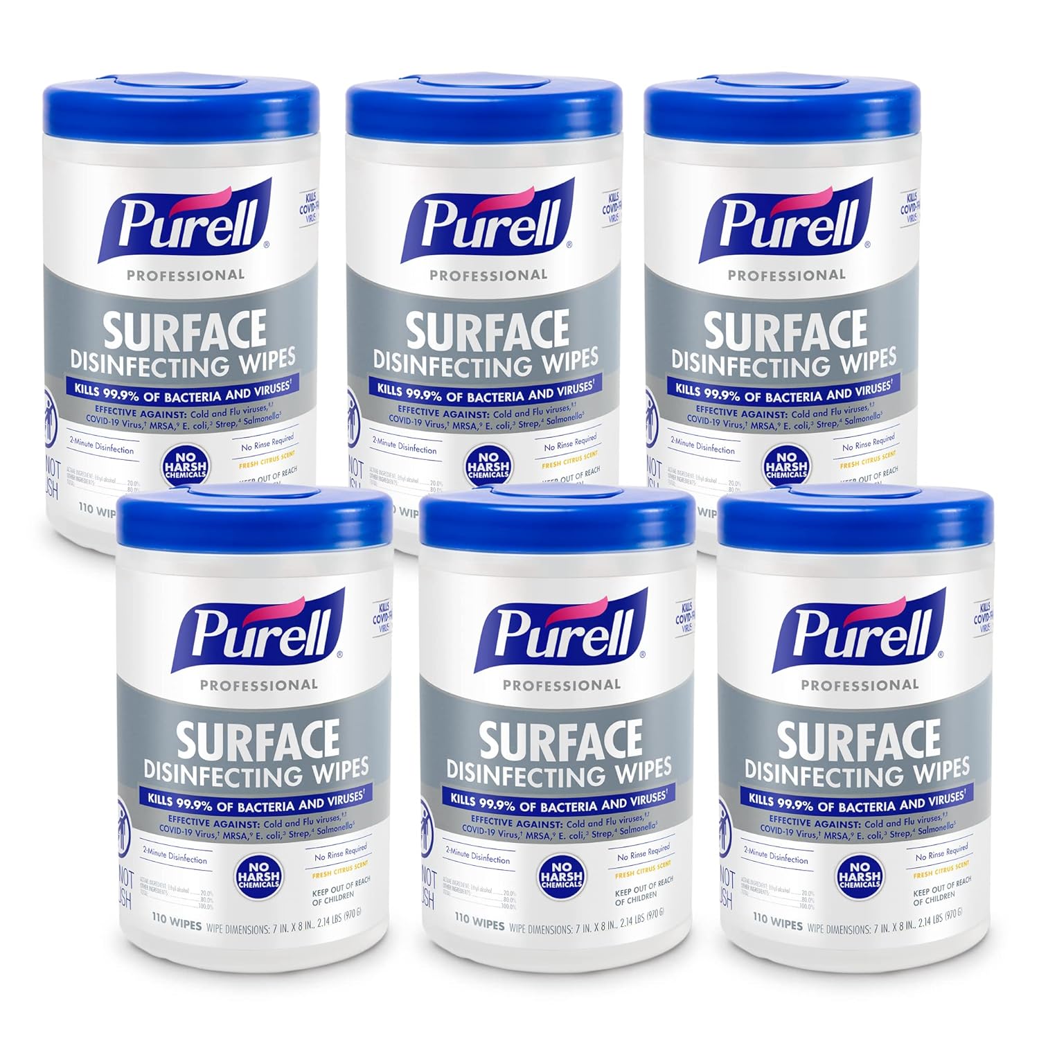 PURELL Professional Surface Disinfecting Wipes, Citrus Scent, 110 Count Canister, 7"x 8" Wipes (Pack of 6) - 9342-06