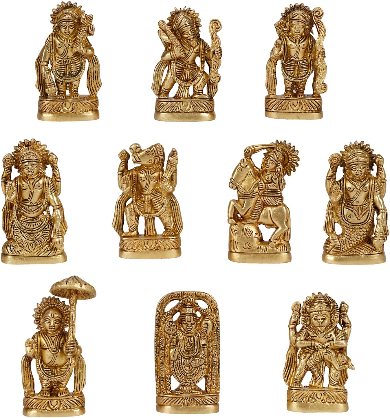 Brass Dasavatharam of Lord Vishnu Statues Ten Incarnations Avatars Idol Murti Temple 3 Inch