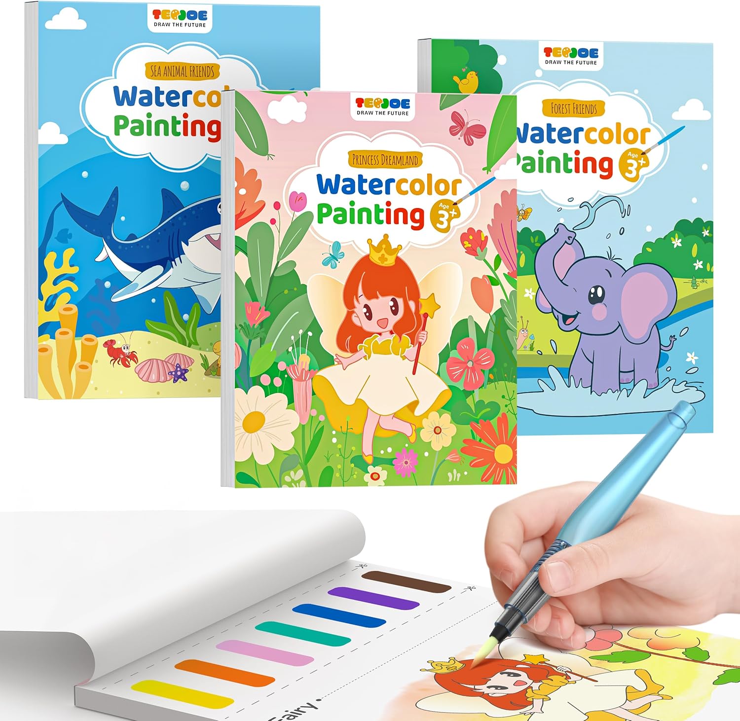 TECJOE 3 Pack Paint with Water Coloring Books for Toddlers, Watercolor Painting Set with 6 Brushes, Travel Activities for Kids Ages 1-3 4-8, Birthday Gifts Arts & Crafts Toy, Princess, Forest & Sea