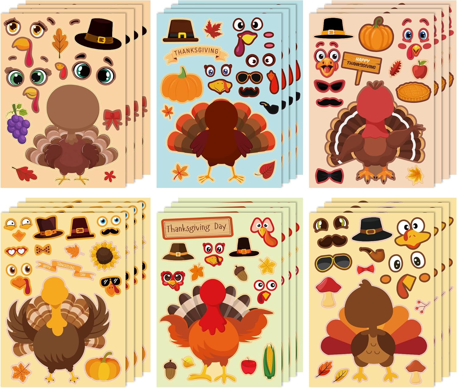 OHOME Thanksgiving Stickers - Thanksgiving Crafts for Kids - DIY Turkey Stickers,Kids Thanksgiving Games Gifts Activities Party Favors Supplies | Thanksgiving Decorations (24 Sheets)