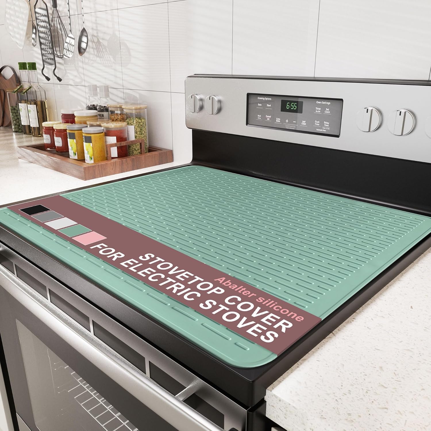 Stove Top Cover for Electric Stove - Food Grade Ceramic Stove top Cover, Silicone XXL Dish Drying Mat, Glass Cooktop Covers, Flat RV Range top Mats (Green,28x20)