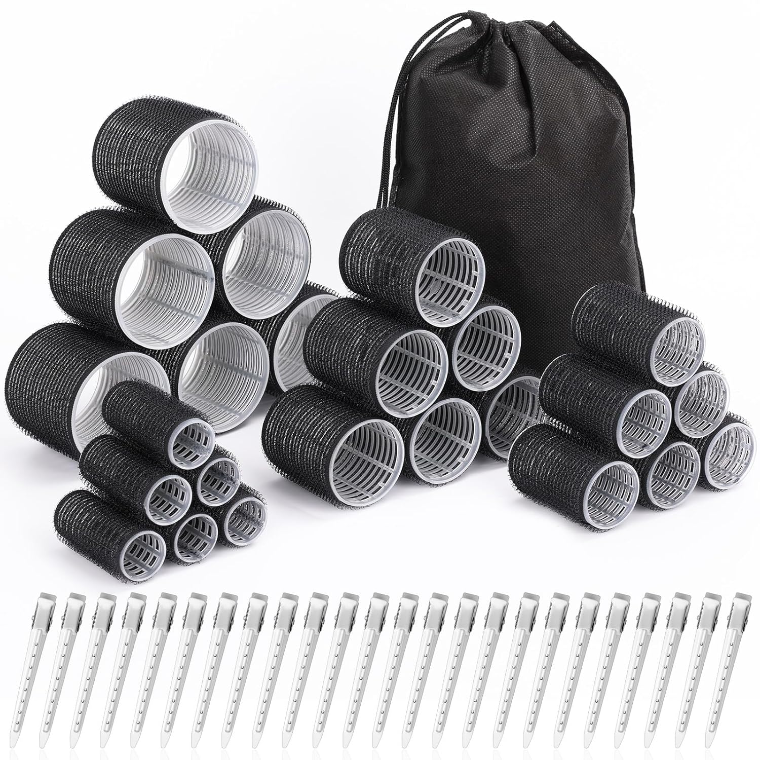 Hair Curlers Set with 24 Rollers (6 Jumbo, 6 Large, 6 Medium, 6 Small) and 24 Clips for All Hair Lengths (Black)