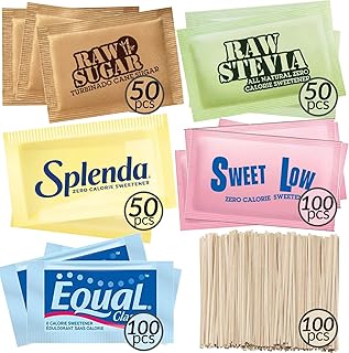 Sweetener and Sugar Packets for Coffee Variety Pack - 450 Assorted Sugar Packets and Zero Calorie Sweetener Packets - With Stevia Packets, Raw Turbinado Sugar & Stirrers for Nespresso or Keurig K cup