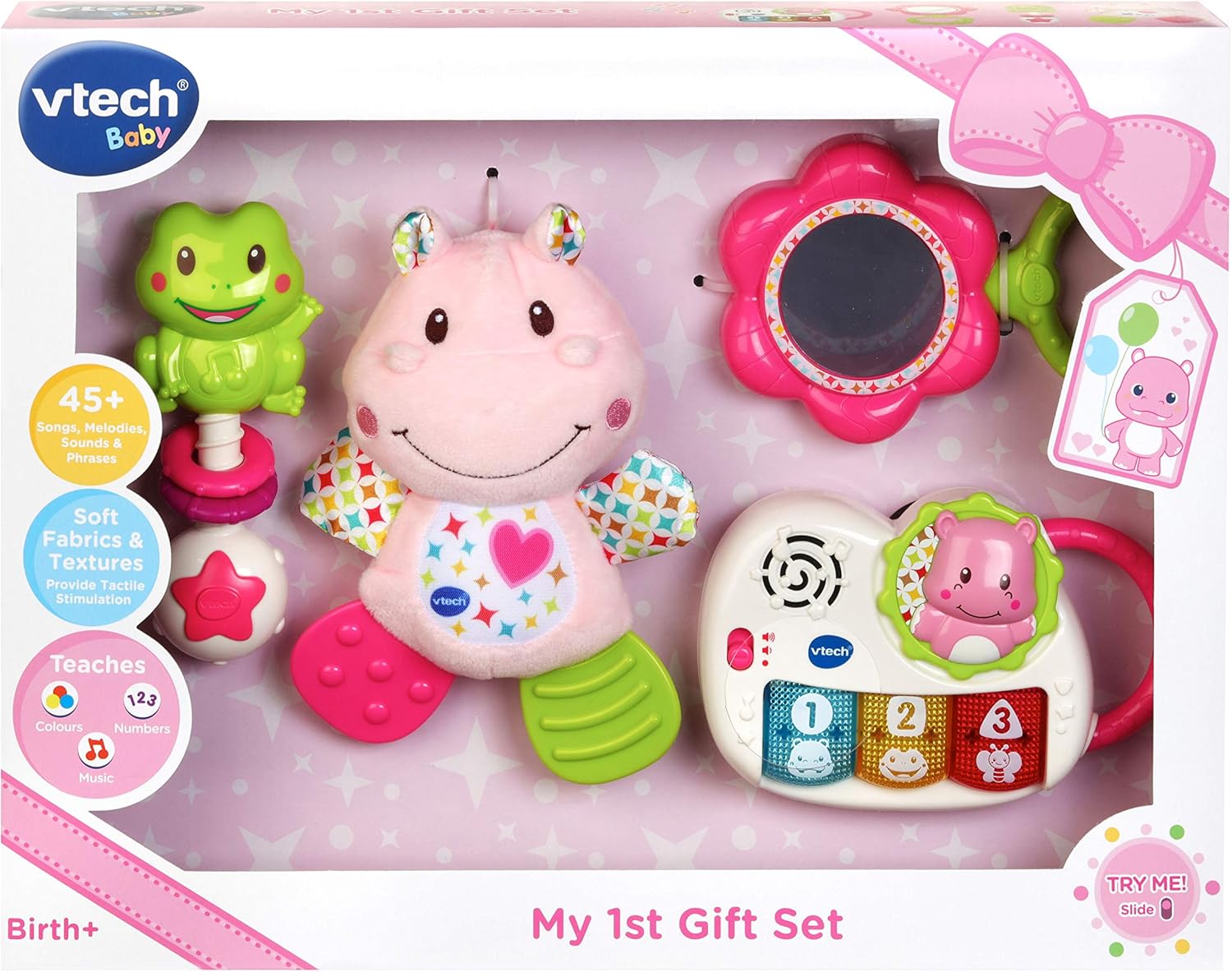 VTech My First Gift Set New Baby Gifts | Newborn Baby Toys Including Hippo Animal Plush, Baby Teether, | 0, 6, 12 Months + for Boys & Girls, Pink, English Version,Box size: 40 x 30.5 x 7.8cm