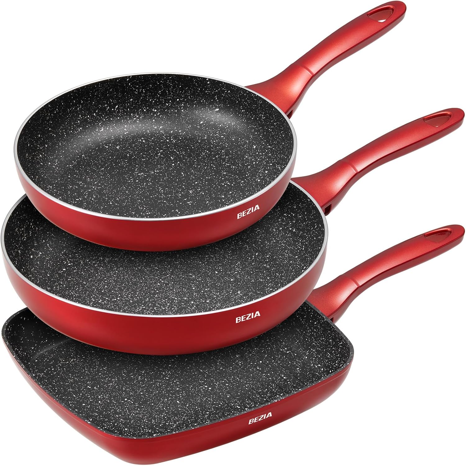 BEZIA Nonstick Frying Pans Set 3 Piece, Skillets and Frying Pans 9.5, 11, 10.2 Inch, Dishwasher Safe Kitchen Cooking Pan, Non Stick Pan for induction cooktop, Omelette Egg Pan with Stay Cool Handle