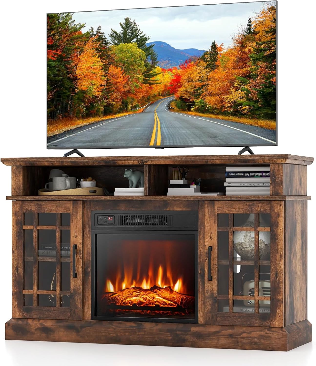 RELAX4LIFE Electric Fireplace TV Stand for TVs up to 55’’, TV Console Table w/18’’ Fireplace Insert Heater, Remote Control, Adjustable Shelves, Wood Media Entertainment Center with Fireplace (Brown)