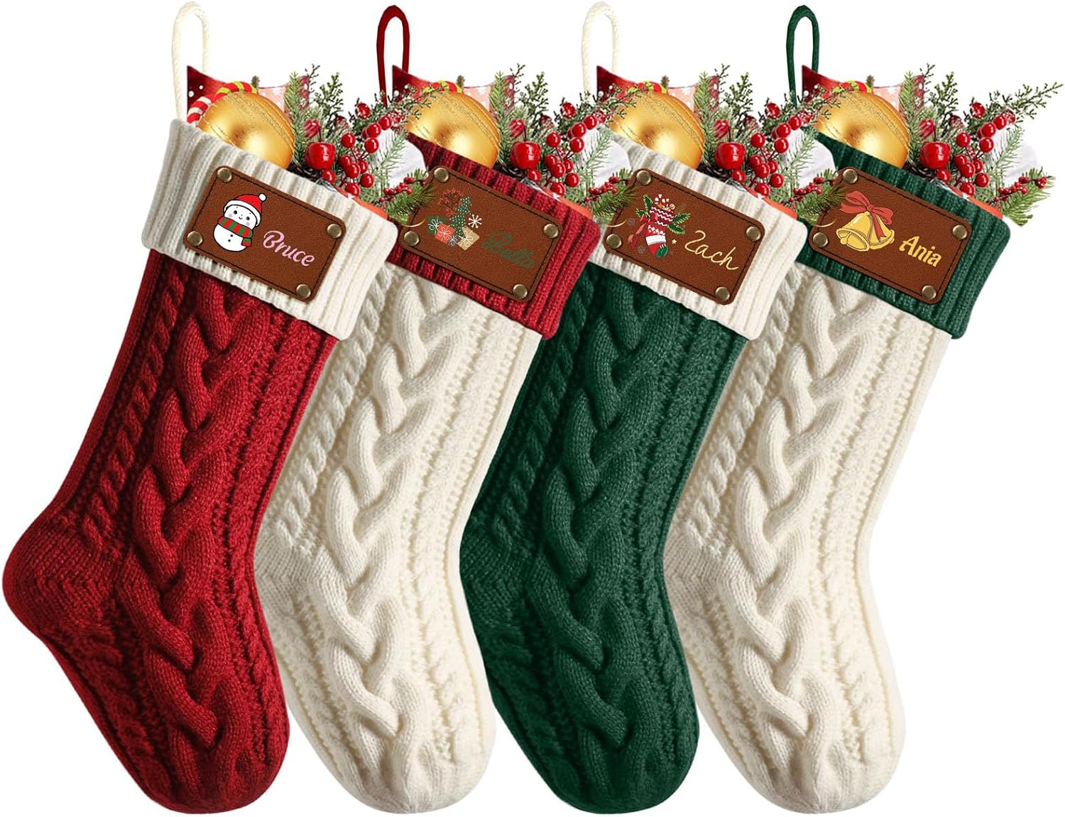 Personalized Christmas Stockings with Names Monogram,18” Large Knitted Christmas Stockings with Leather Nameplate, 4 Pack Customized Family Christmas Stockings Fireplace Hanging
