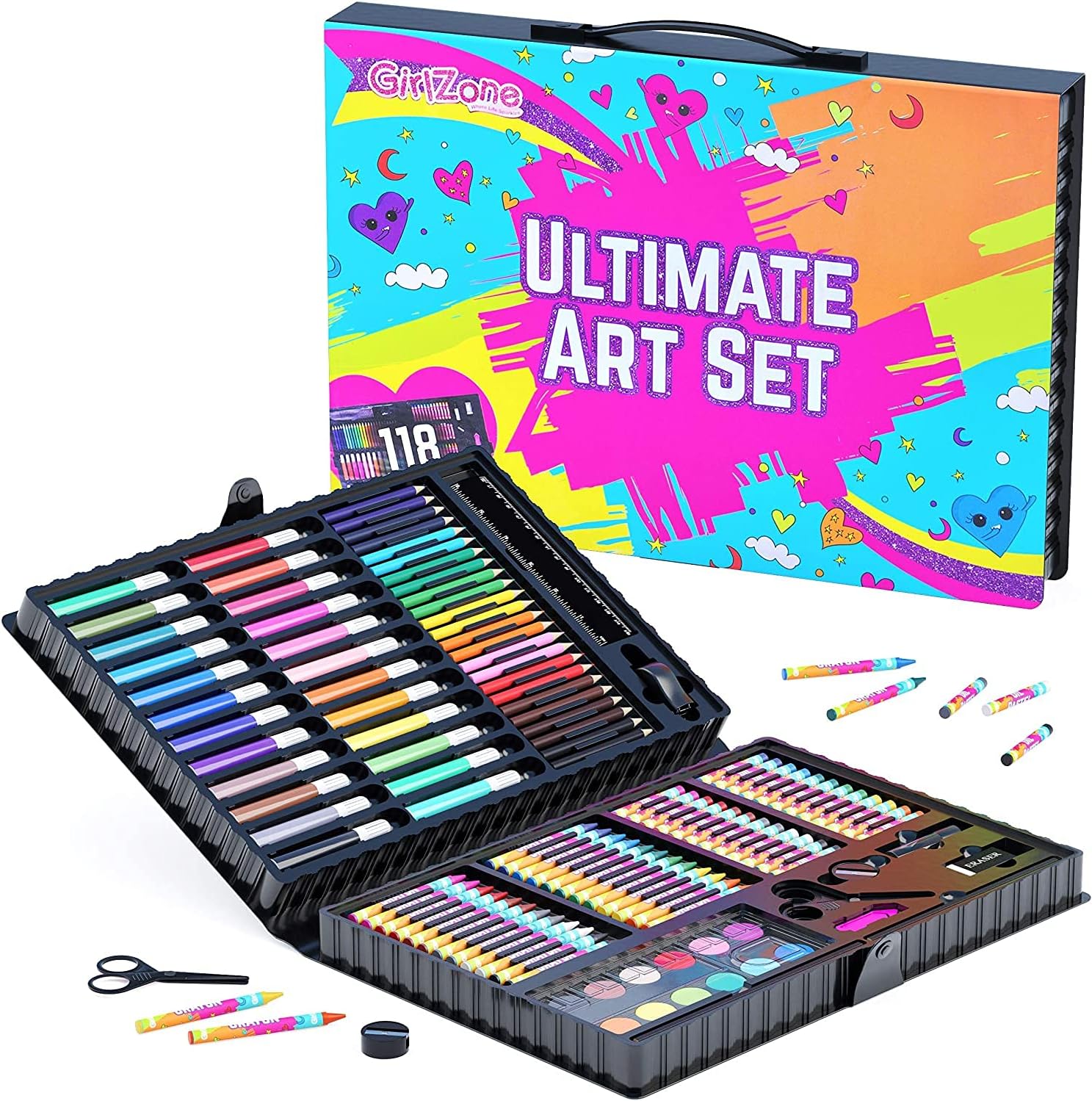 GirlZone Ultimate Art Set for Girls, 118-Piece Awesome Arts and Crafts Kit for Kids, Fun Girls Toys Age 7 Set & Great Gift Idea for Creative Kids