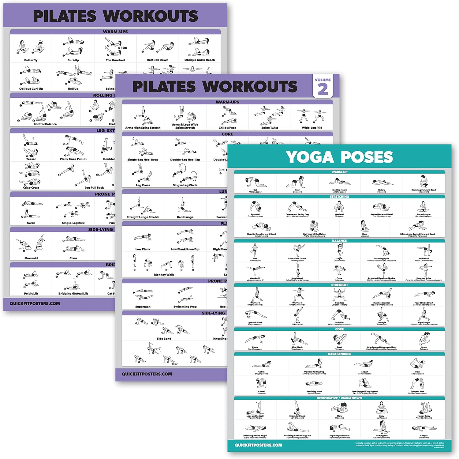 3 Pack - Pilates Workout Posters Volume 1 & 2 + Yoga Poses - Pilates Mat Work Exercises - Fitness Chart Set