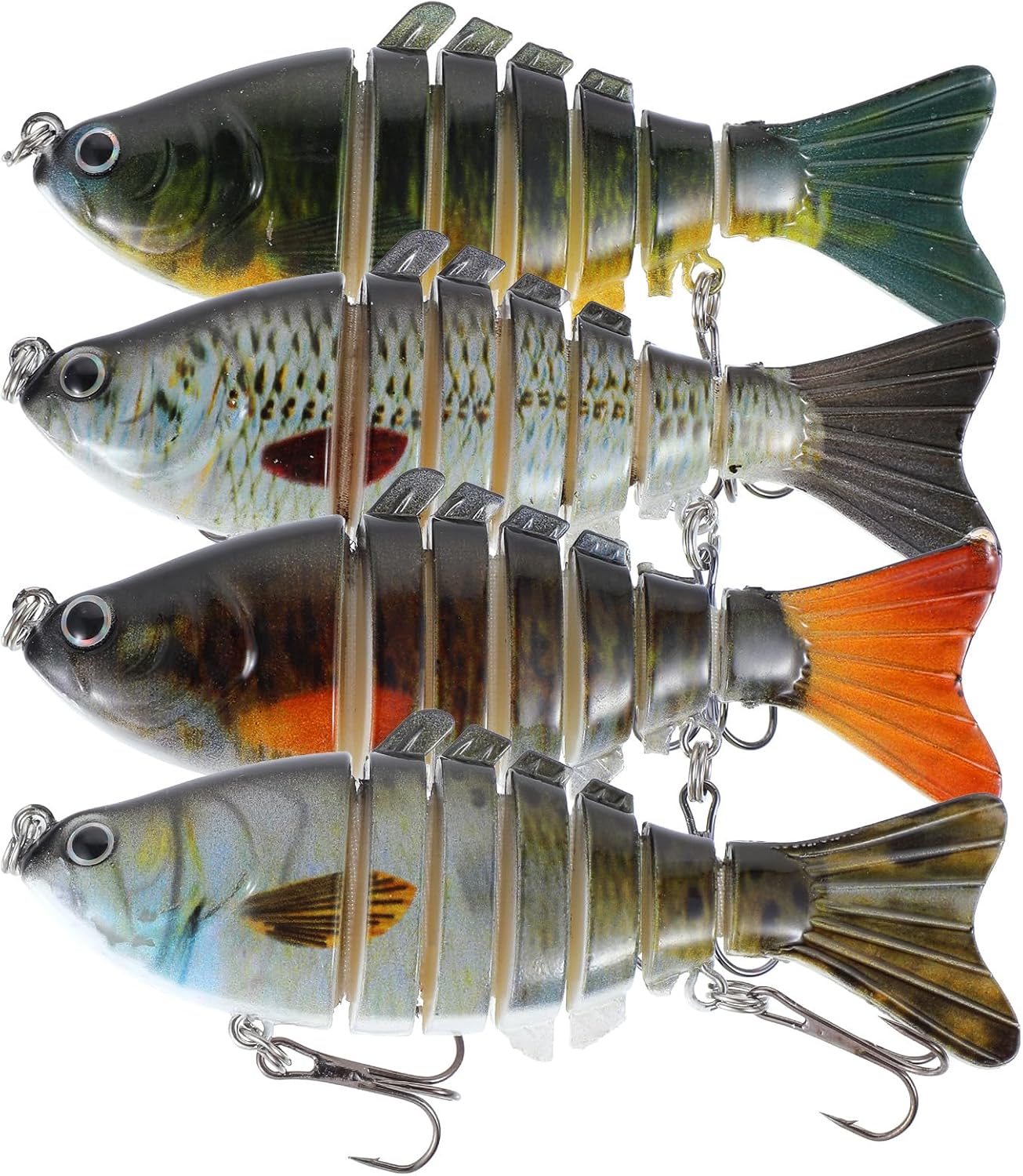 Ptwola 4 Pcs Artificial Fishing Lures Pike Perch Lifelike Slow Sinking Swimming Bait Realistic Multi Jointed Fish Freshwater Crankbaits Family Gear Kits for Bass Trout Crappie Walleye Pike Bluegill