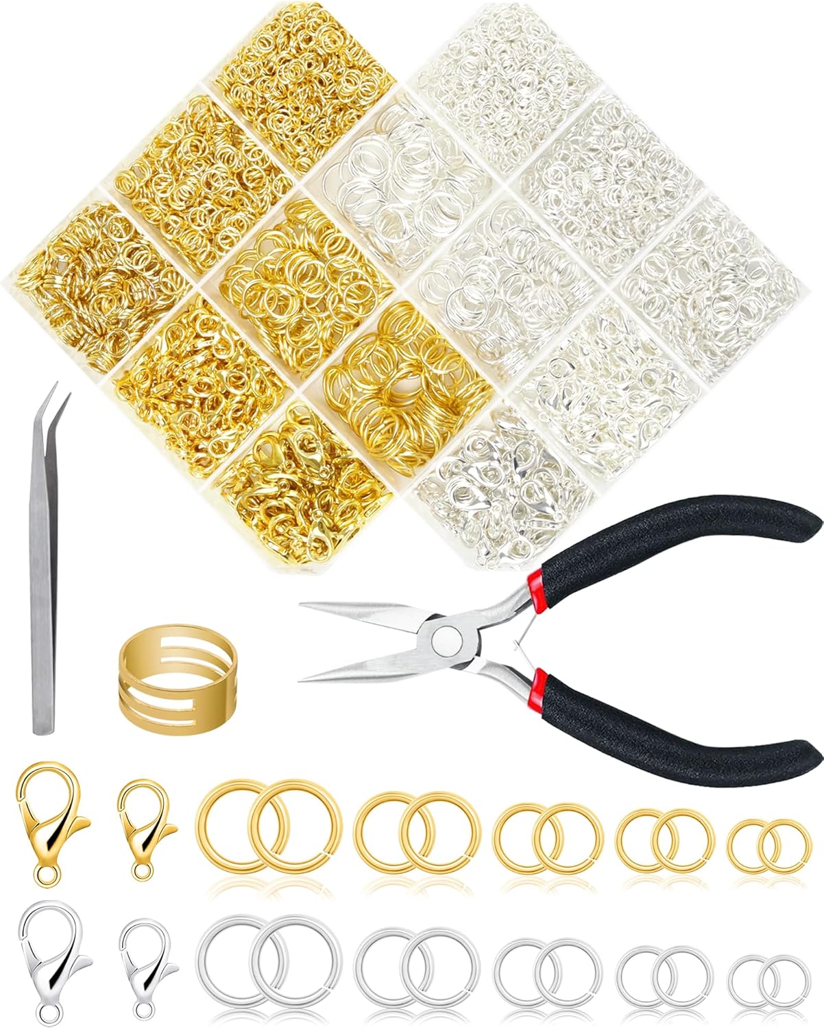 2400PCS FIVEIZERO Jump Rings Kit for Jewelry Making & Necklace Repair - Silver & Gold Jump Rings, Lobster Clasps, Pliers, Tweezer & Jump Ring Opener, Jewelry Repair Kit for Earrings and Charms