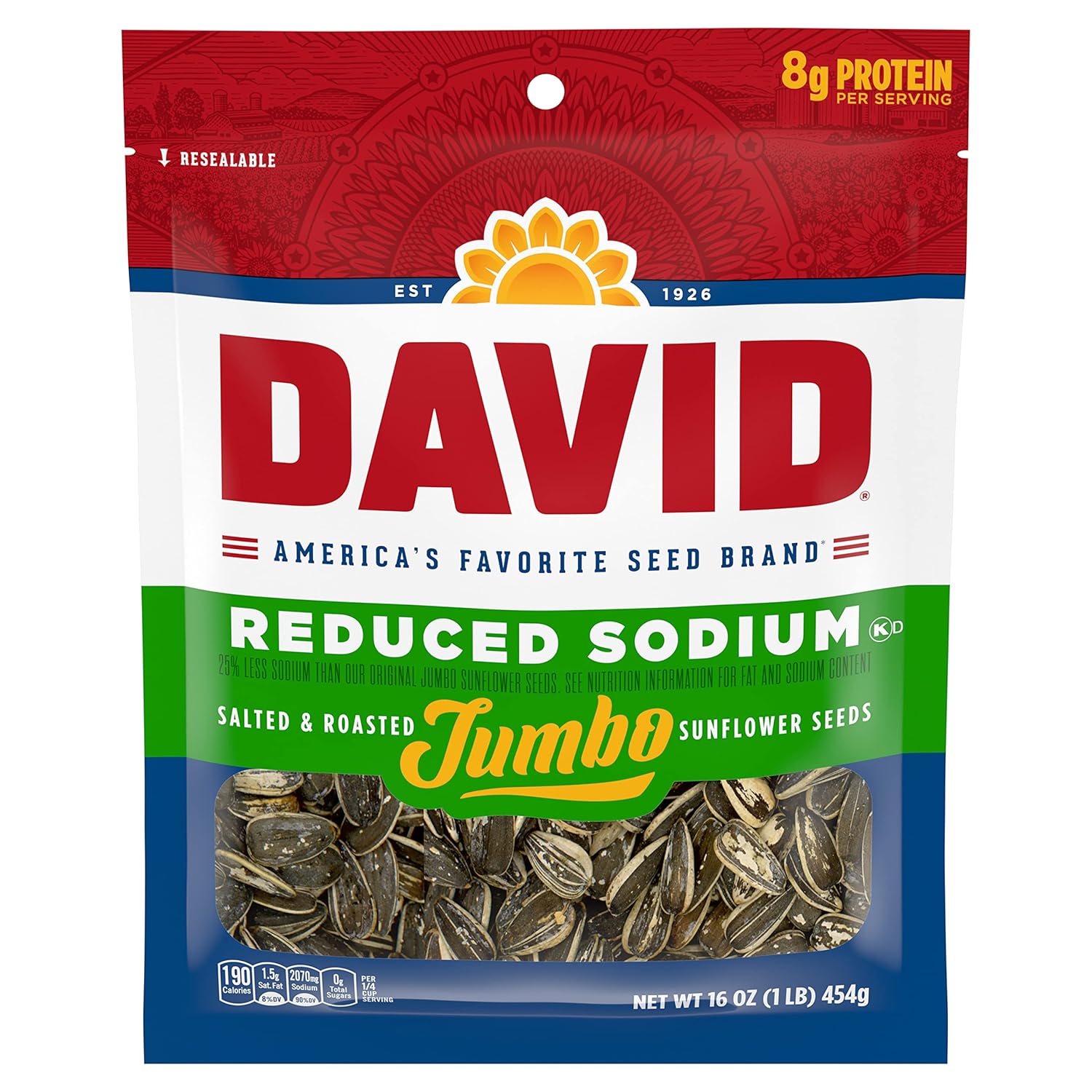 DAVID Roasted and Salted Reduced Sodium Sunflower Seeds, Original Flavor, 16oz.