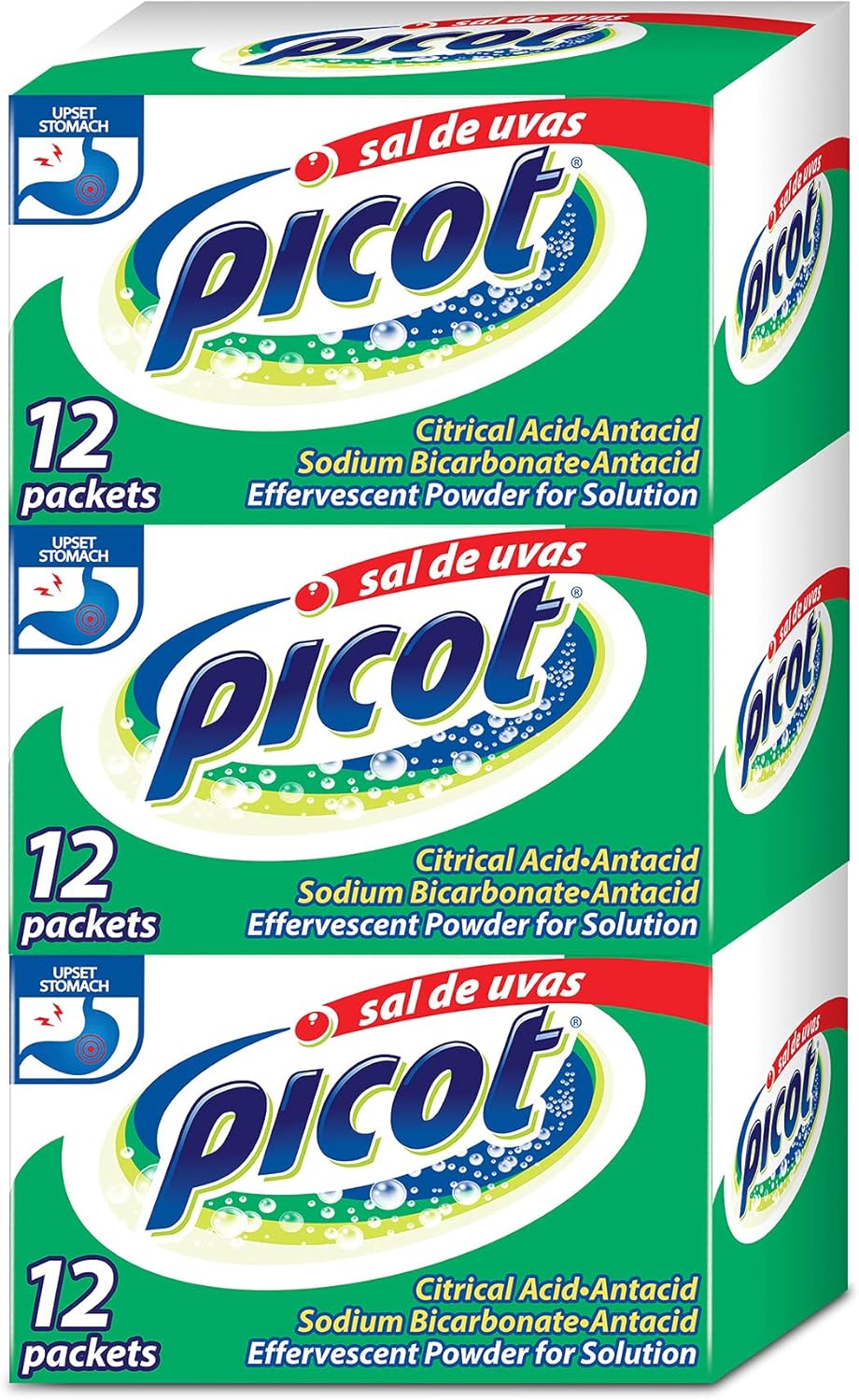 Sal de Uvas Picot, Effervescentl, Powder Solution, Antacid, 3-Pack of 12 Antacid Packets, 3 Boxes