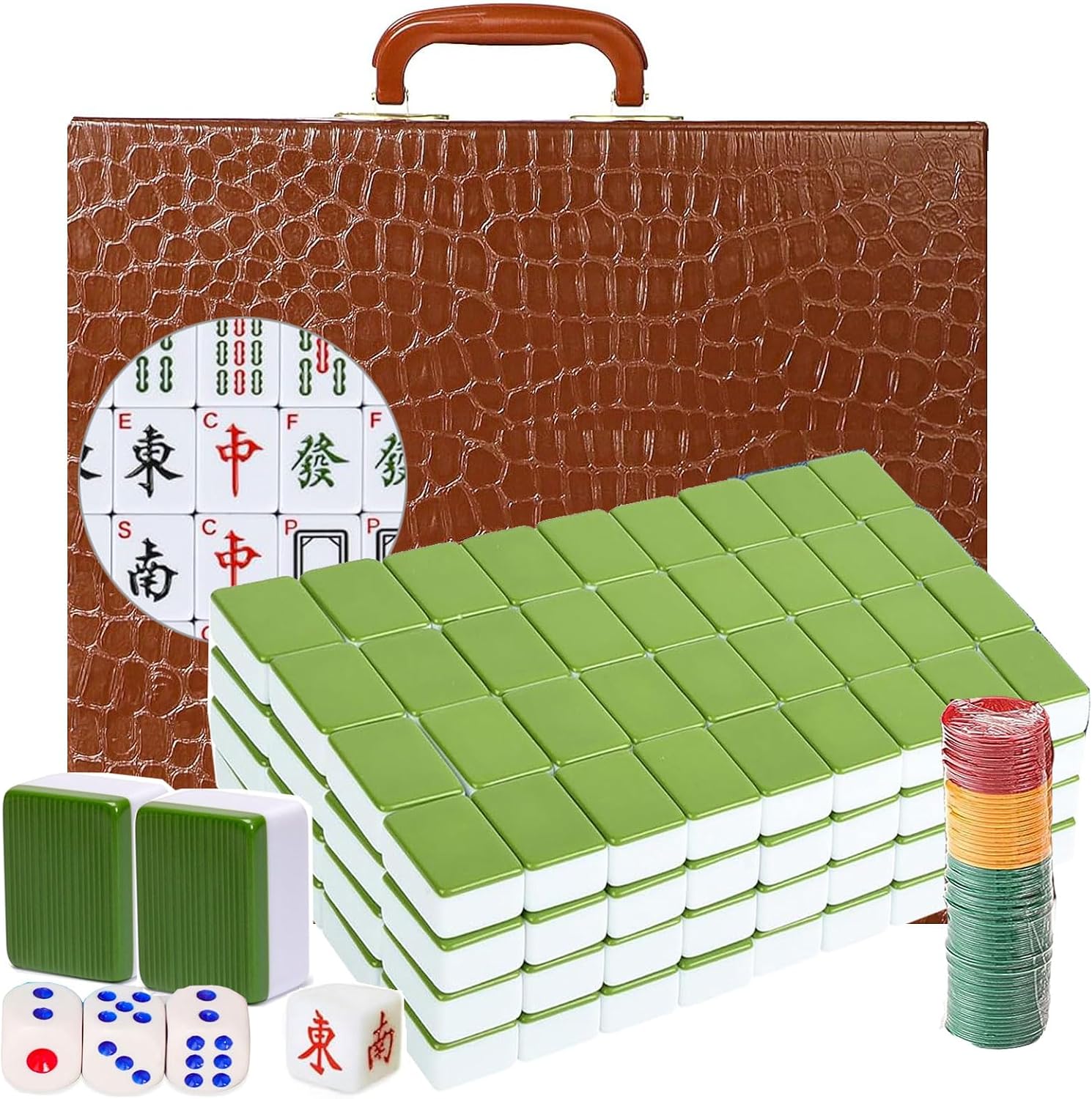 Mahjong Set, Chinese Mahjong Game Set with Carrying Travel Case,36x27mm,Large 144+2 Tiles with Arabic Numerals, 3 Dice, A Wind Indicator and a Set of Chips (Green)