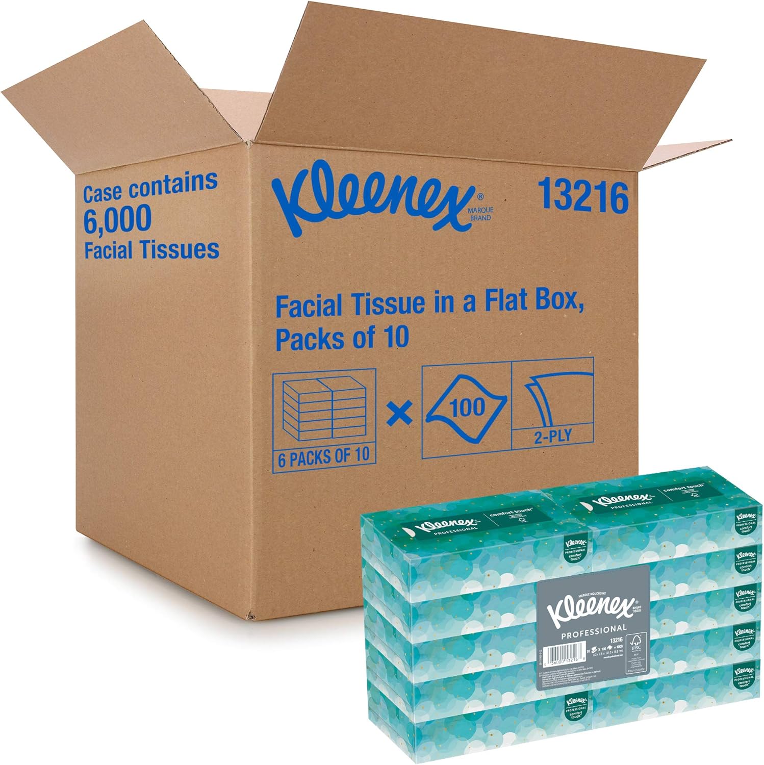 Kimberly-Clark Kleenex 13216 Facial Tissue, 2" Height x 4.75" Width x 8.875" Length, White (60 Boxes of 100 tissues) (total 6000 tissues)"