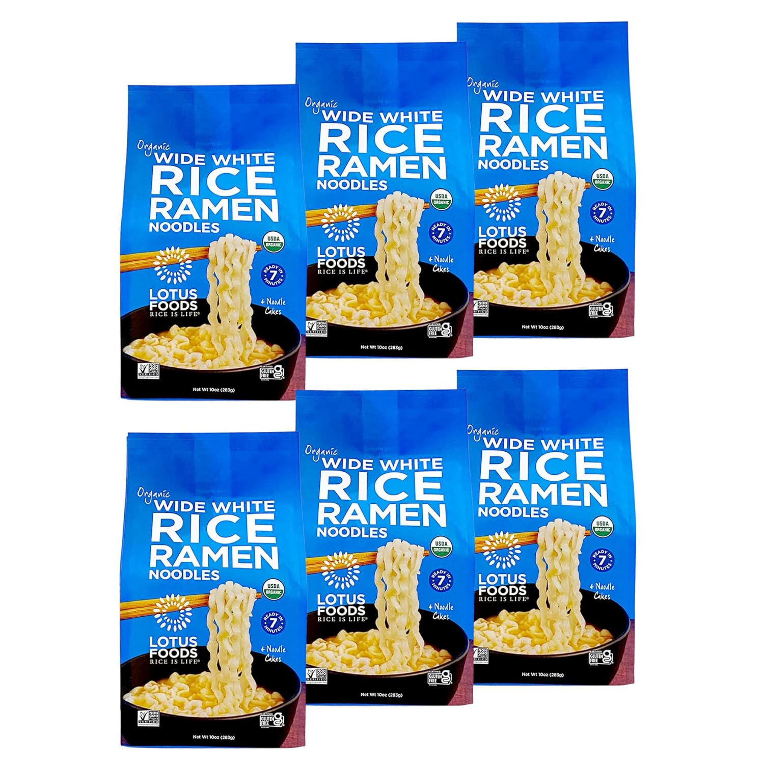 Lotus Foods Wide White Rice Ramen Noodles - Gluten Free & Organic Wide Rice Noodles for Soup Broth & Stir Fry, Wavy Asian Dried Rice Noodles, Vegan Friendly - 10 oz 4 Pack (Pack of 6)