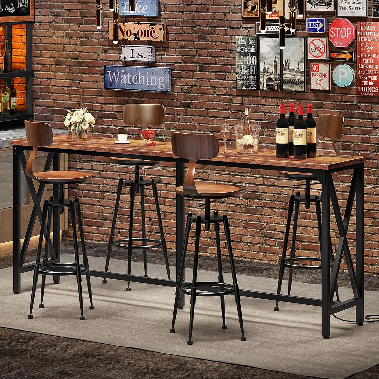 CHOEZON 70.9'' Bar Table, Kitchen Dining Table with Power Outlet and Footrest, Industrial Style, for Pub, Living Room, Rustic Brown and Black TBT08UBF