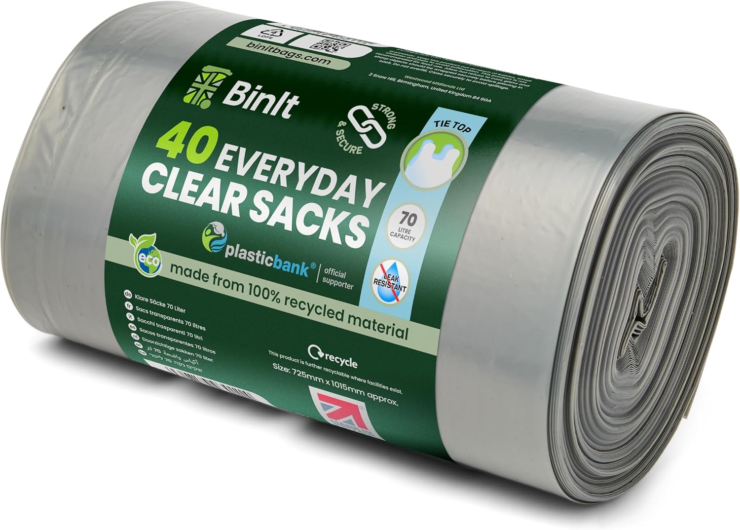 BIN IT 40 Clear Large 70L Strong & Secure, Tie Top, Recycling Sacks, Bin Bags, Bin Liners, Refuse Sacks, Recycled, Tear Resistant, 120 Gauge - 30 μm, Perfect for Everyday Use