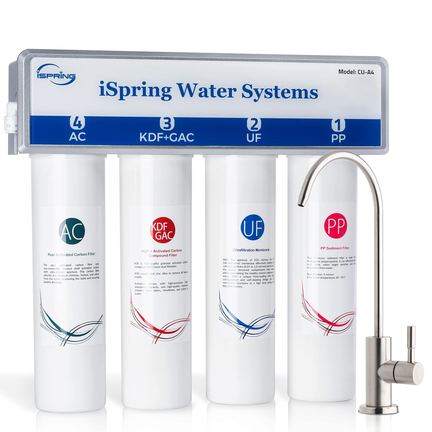 iSpring CU-A4 0.01μm Ultra-Filtration Under Sink Water Filter System, Tankless 4-Stage High Capacity, Remove 99.99% Contaminants, Quick Filter Change with Brushed Nickel Faucet, White