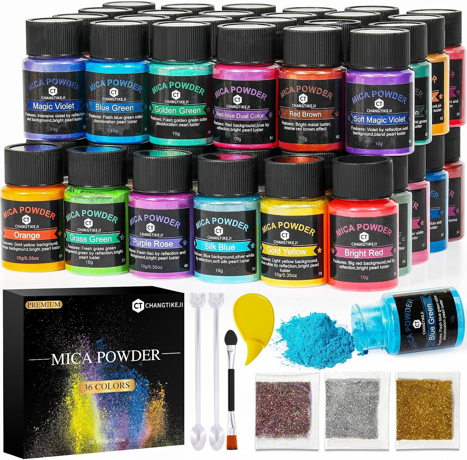 Mica Powder，36 Colors - 10g/Bottle of Natural Pigment Powder for Epoxy Resin，Soap Making，Candle Making,Lip Gloss,Car Freshies,Dye,Nail Polish,Bath Bombs