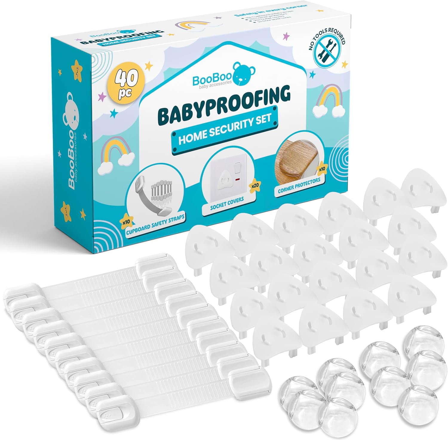 Booboo (40 Pack) Child Safety Baby Proofing Kit | x10 Door Strap Locks, x10 Corner Guards, x20 Plug Protectors | Baby Proof Your Home & Kitchen with No Trapped Fingers | No Tools Needed