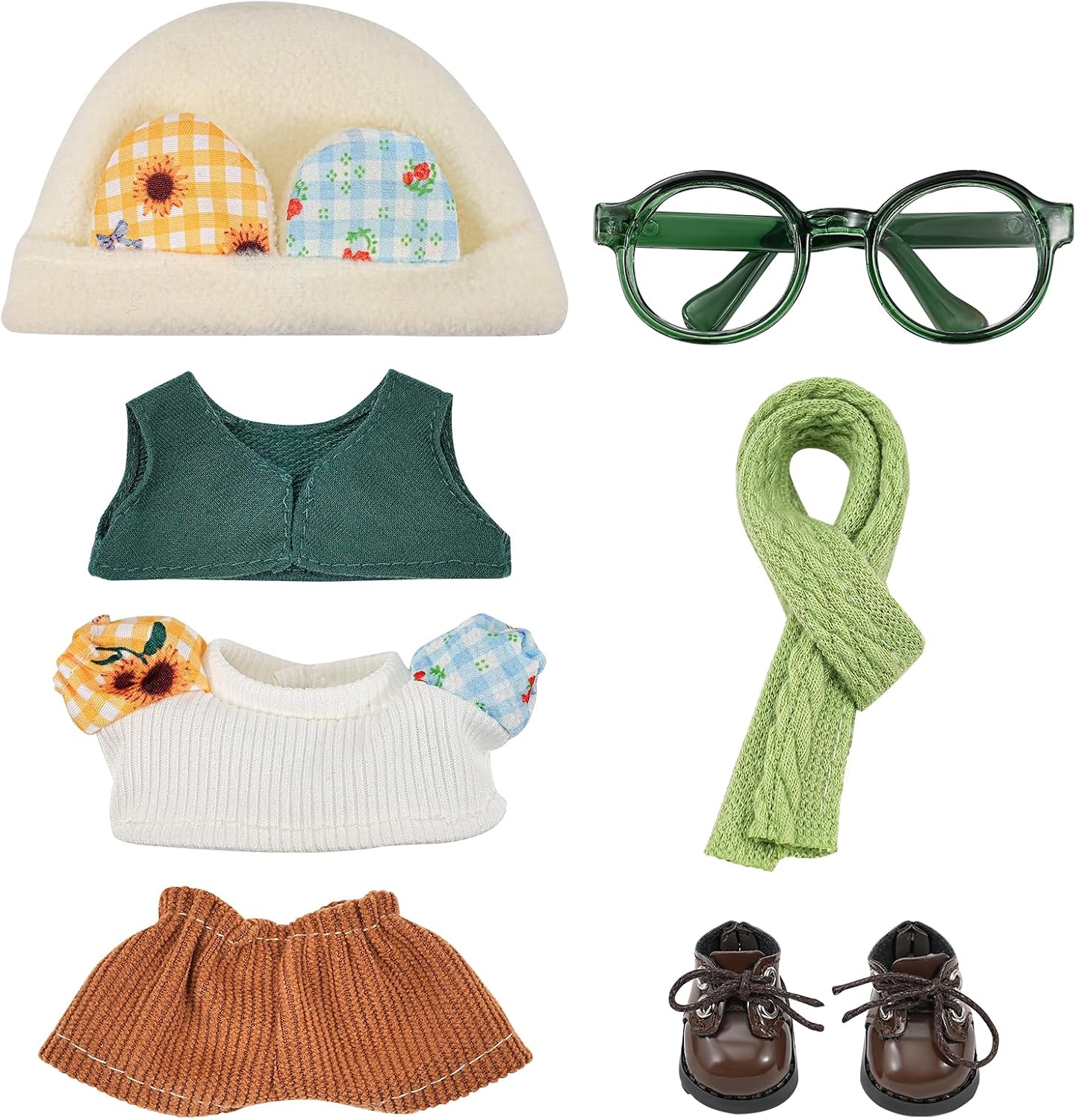 17cm Doll Clothes, Clothes Accessoriesor for 6.7 Inches Doll Clothes，hat+Glass+top+Vest+Scarf+Shorts+Shoe(Green)