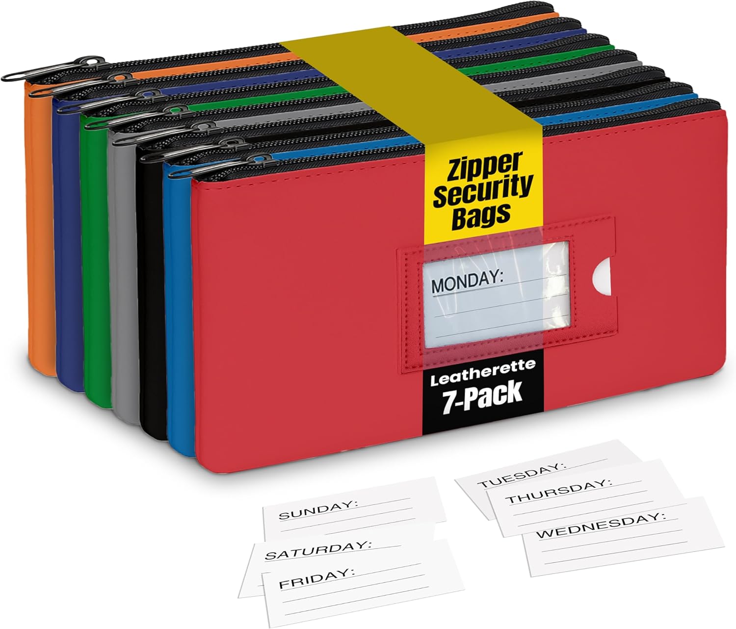 Better Office Products 7 Pack, 7 Days Zipper Security Bank Deposit Bag, Clear Window & 14 Insert Cards (Mon - Sun + Blank), Leatherette, 11.25" x 6.25", Cash Bag, Utility Pouch, Assorted 7 Colors