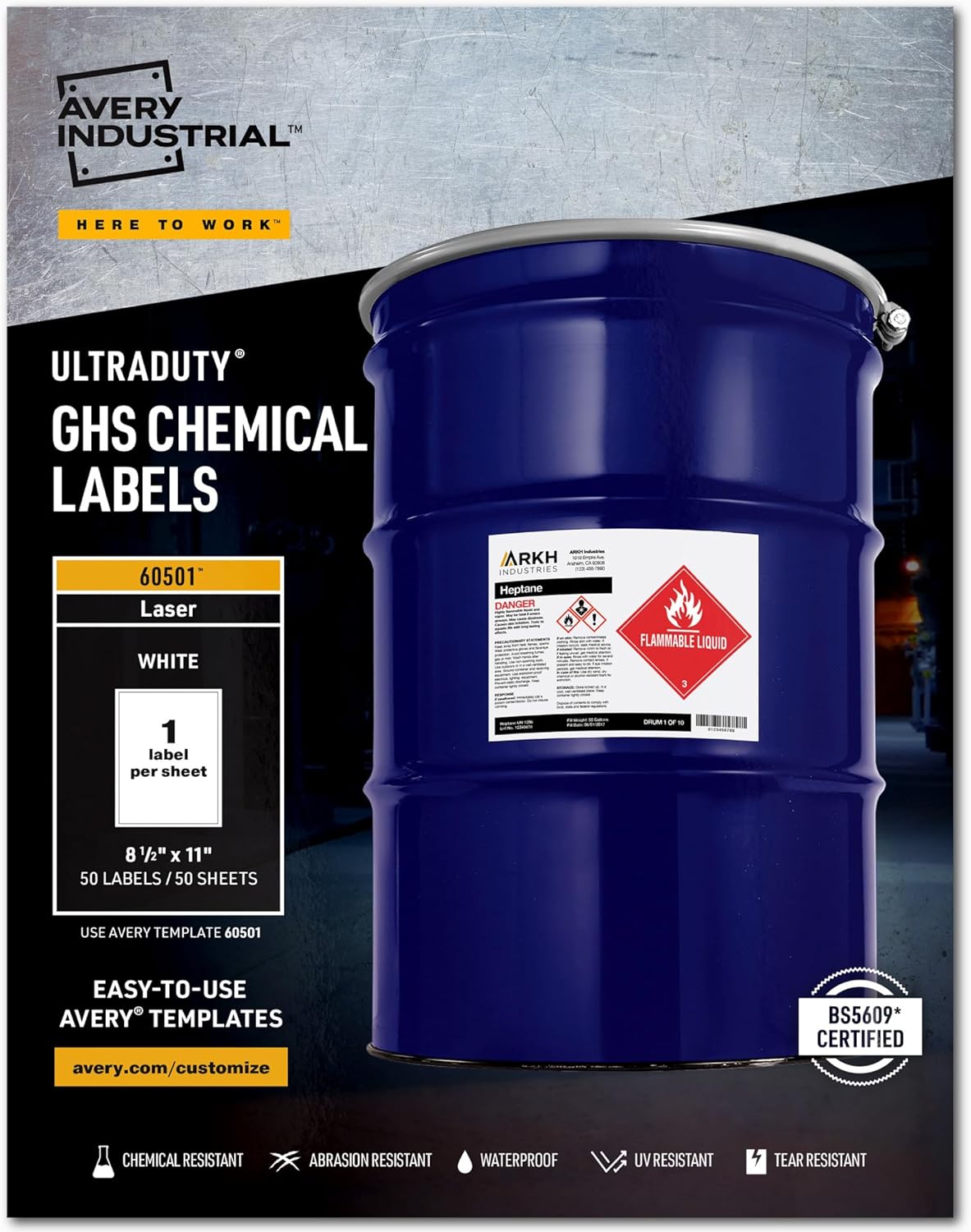 Avery UltraDuty GHS Chemical Labels for Laser Printers, Waterproof, UV Resistant, 8.5 x 11, 50 Pack (60501)
