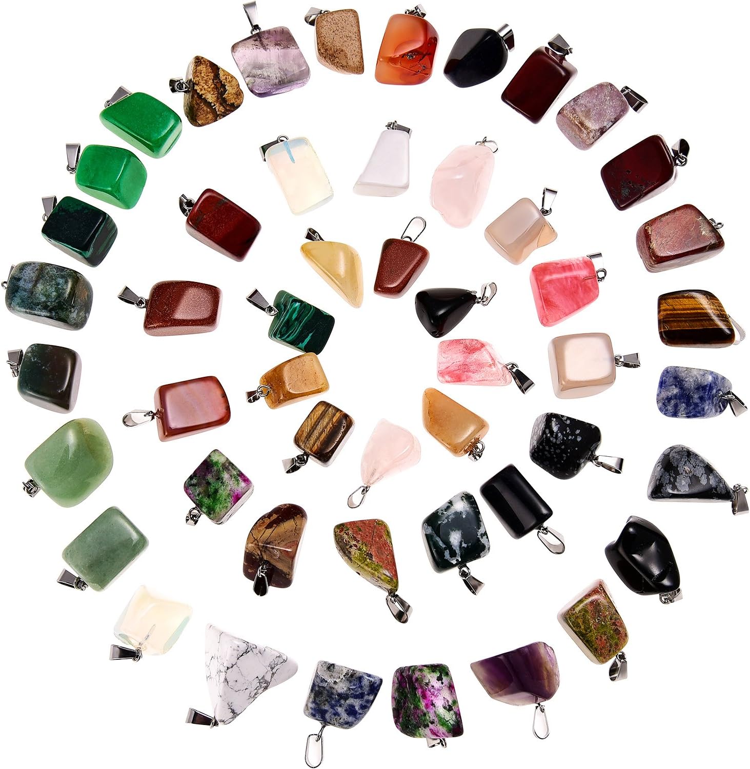Hicarer 50 Pieces Mixed Stone Beads Crystal Stone Pendants Quartz Charms with Storage Bag for Jewelry Making