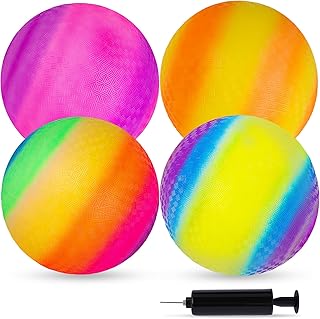 LovesTown 4PCS Playground Balls, 8.5 Inch Rainbow Dodge Ball, Rubber Handballs Inflatable Kickball with Hand Pump, for Indoor & Outdoor Playground Games, School Sports Supplies, Party Favors