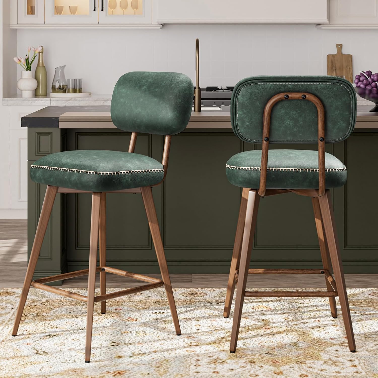 26“ Swivel Bar Stools Set of 2, Mid Century PU Leather Counter Height Bar Chairs with Low Back and Metal Legs, Modern Bar Stool Chair for Kitchen Island, Green