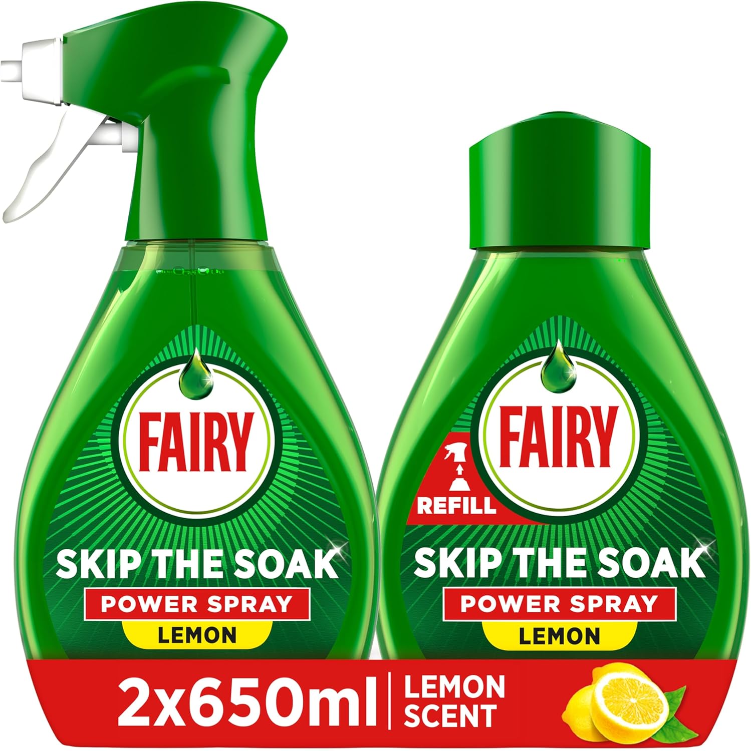 Fairy Skip the Soak Dish Spray Kit, Lemon, 1.3L (650ml Spray + 650ml Refill), 100% Grease Removal for Dishes & Surfaces